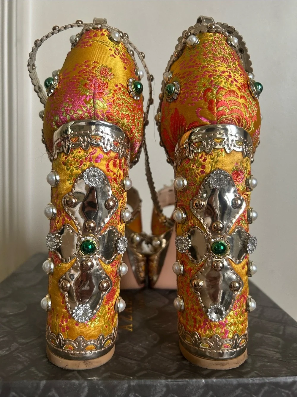 Embellished Gold Platform Sandals - Women's Evening Heels